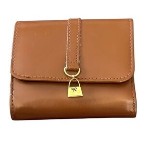 Cognac Brown Tri Fold Wallet Faux Leather Bow Purse Charm Kiss Lock